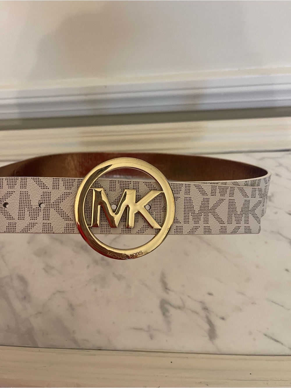 Michael Kors Beige White Logo Belt with Gold MK Buckle